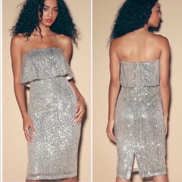 Lulu's Perfect Kiss Sequin Strapless Midi Dress Party Holiday Silver Small NWT - Picture 2 of 10